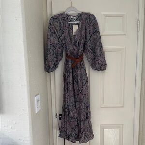 Purple Paisley Wrap Sundress with Plunge Neckline and Bishop Sleeves